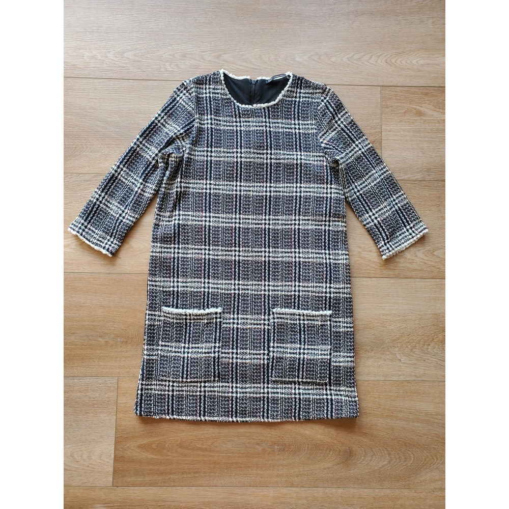 Zara Trafaluc Navy Blue Plaid Tweed Fringe Shift Dress Pockets Small